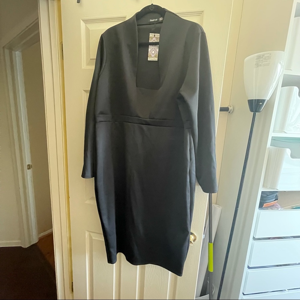 High Collar Plunging Neck Midi Dress